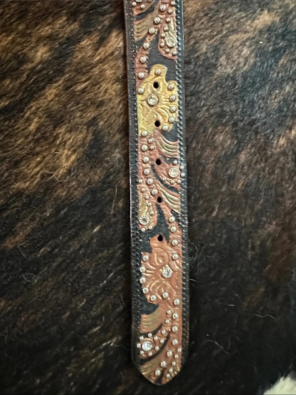 Vintage Nocona Leather Floral Belt With Studs & Rhinestones, Multicolor Flowers